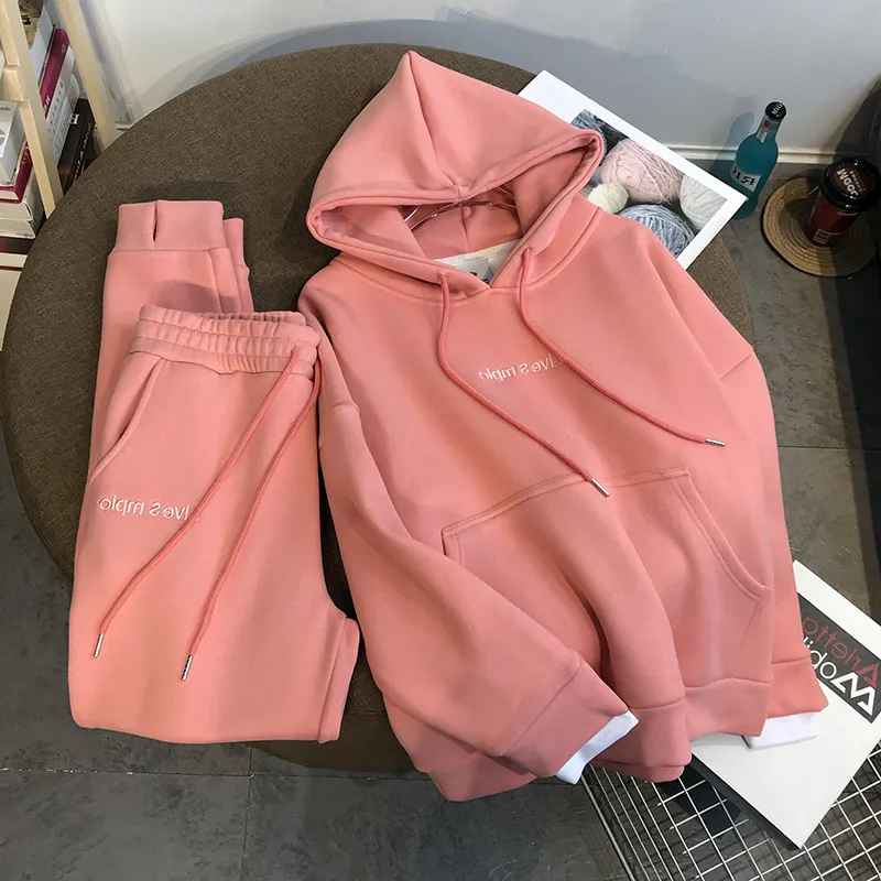 Ensemble de jogging 2 pièces pour femme, sweat-shirt court à capuche et pantalon, en coton, manches longues, hiver,